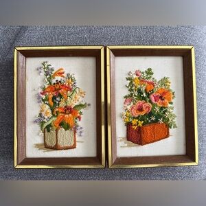 VINTAGE Pair of 1980s Crewel Embroidery  in wood  6”x8”frames